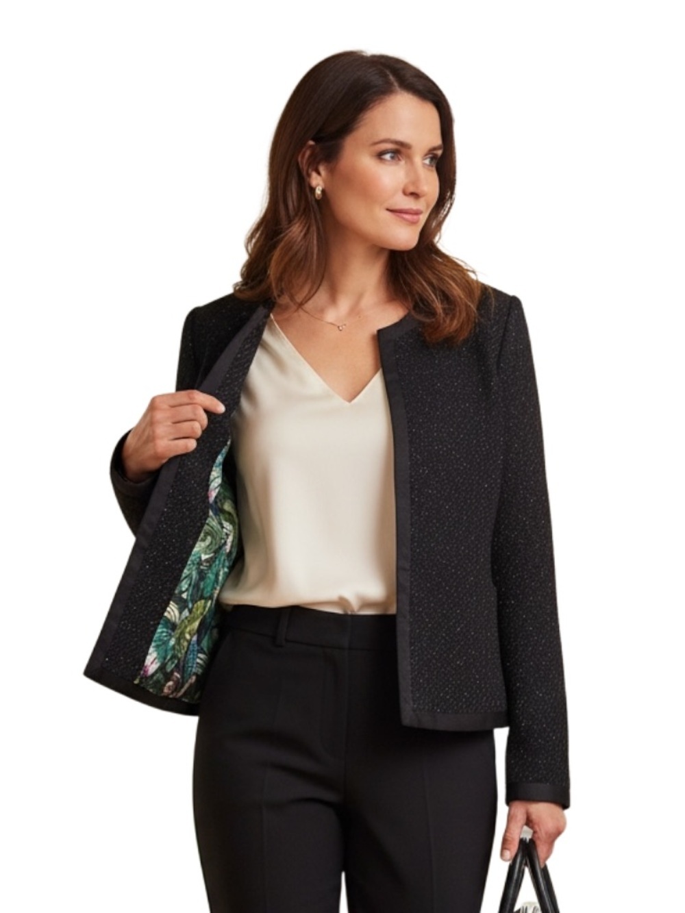 TED BAKER XL L 12 Black Sparkly Tweed Blazer Grosgrain Trim Floral Silky Lining